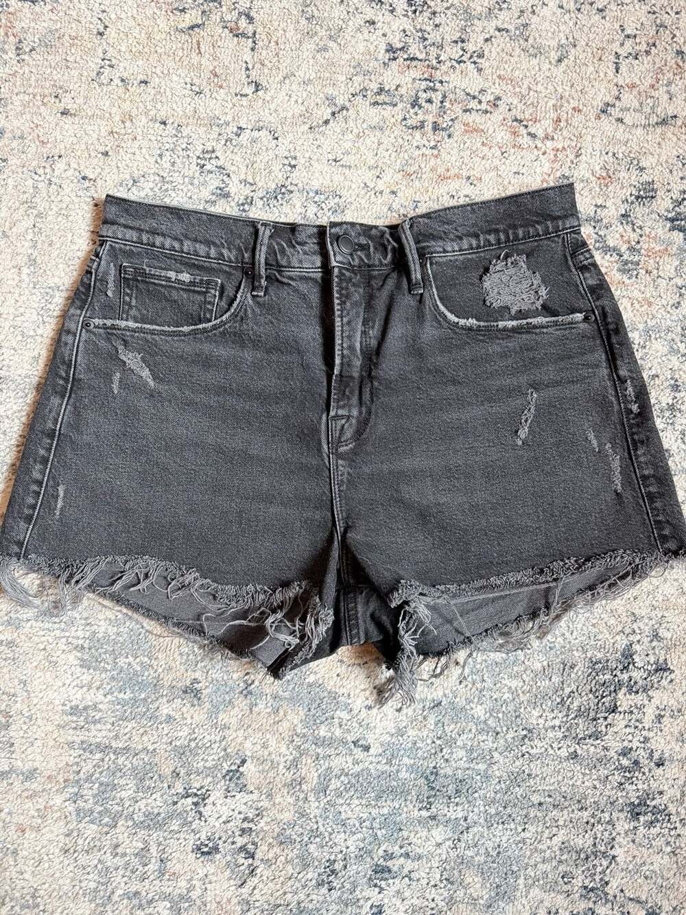 Good American High Rise Distressed Black Denim Cut-Off Shorts Size 8/29